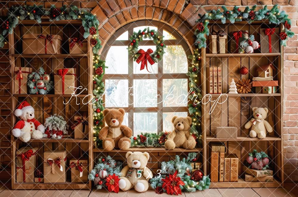 Kate Christmas Brown Gifts Shelf Teddy Bears Window Backdrop Designed by Patty Robert