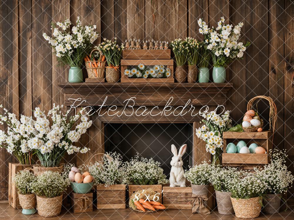 Kate Easter Fireplace Bunny Rustic Floral Backdrop Designed by Emetselch