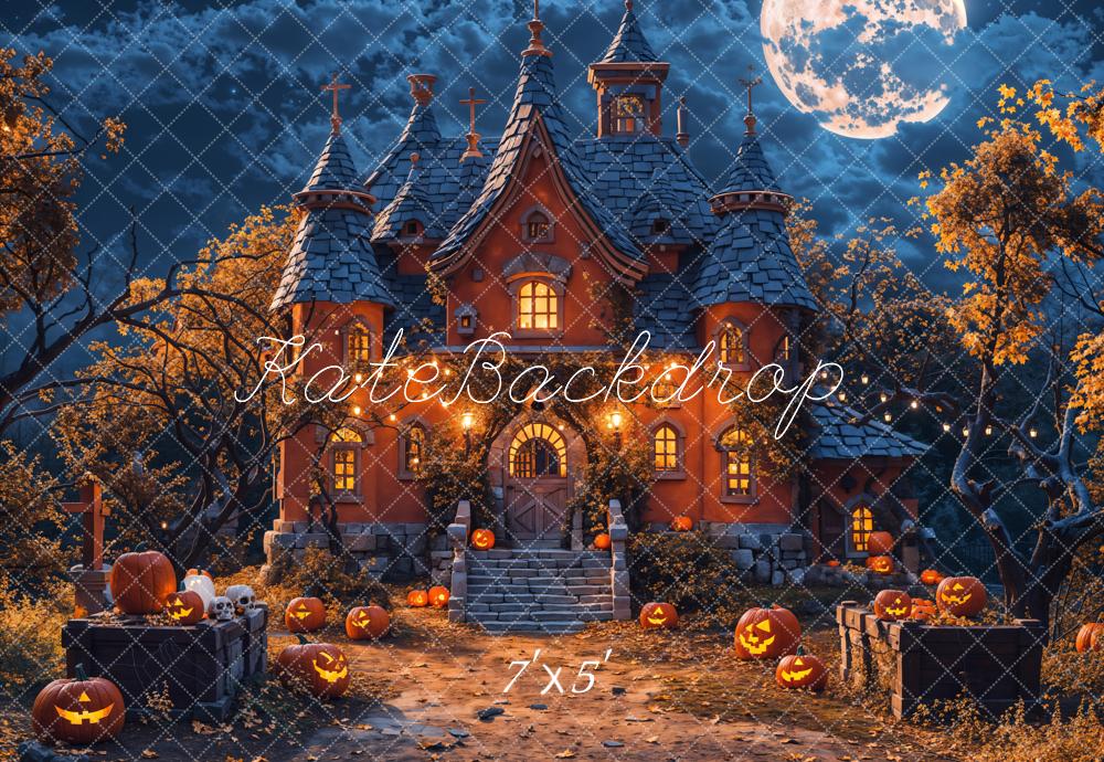 Kate Halloween Night Forest Pumpkin Castle Backdrop Designed by Chain Photography