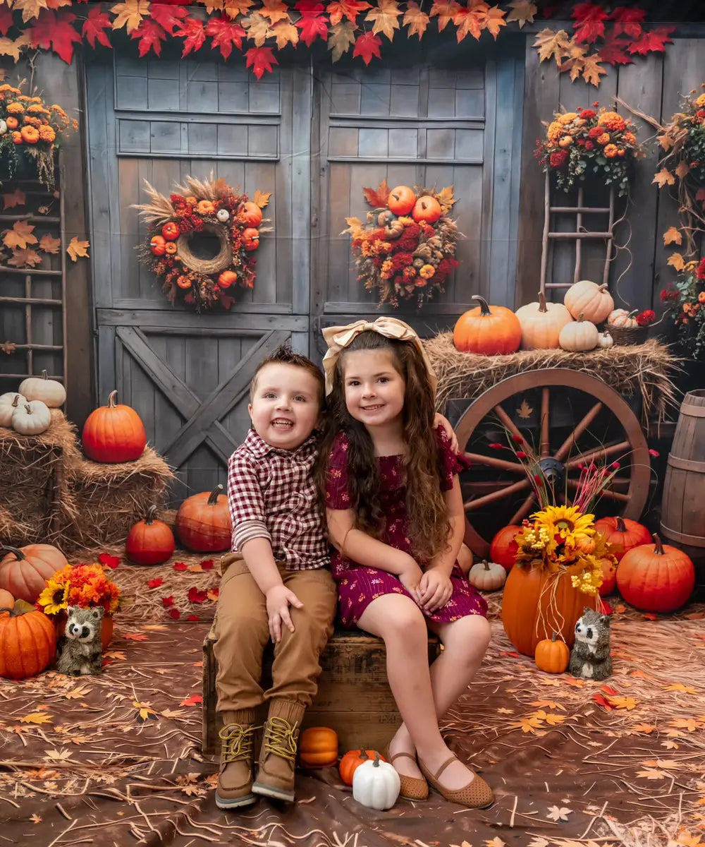 Kate Fall Barn Wood Door Maple Pumpkin Backdrop Designed by Emetselch