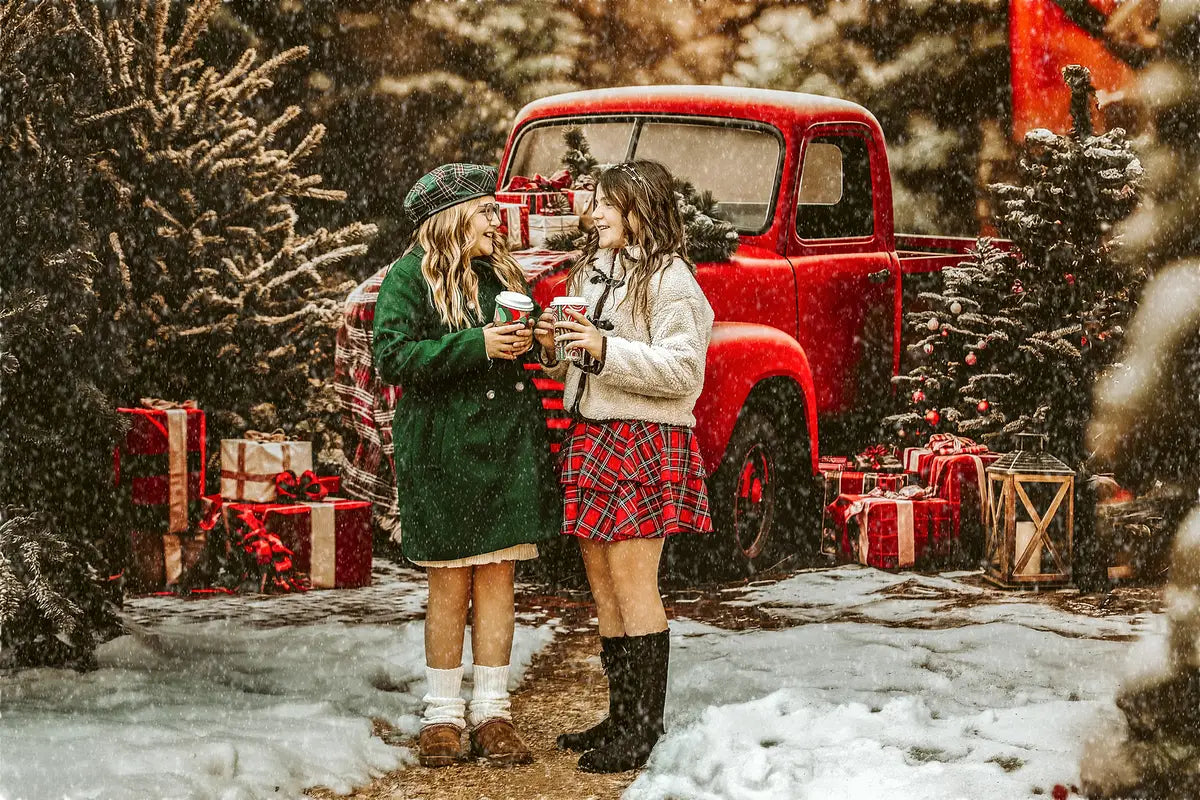 Kate Christmas Red Truck Plaid Forest Backdrop Designed by Emetselch