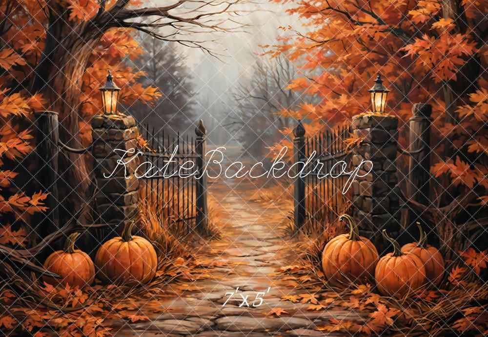 Kate Fall Forest Pumpkin Black Retro Gate Backdrop Designed by GQ