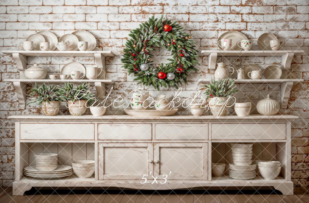 Kerst White Cabinet Brick Wall Wreath Foto Achtergrond Designed by Emetselch