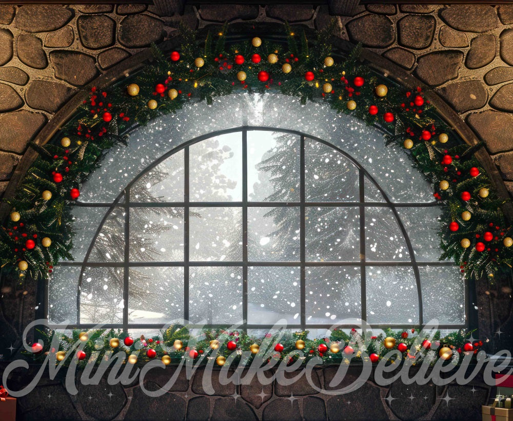 Kerstdecoratie Boogvormig Venster Steenmuur Foto Achtergrond Designed by Mini MakeBelieve