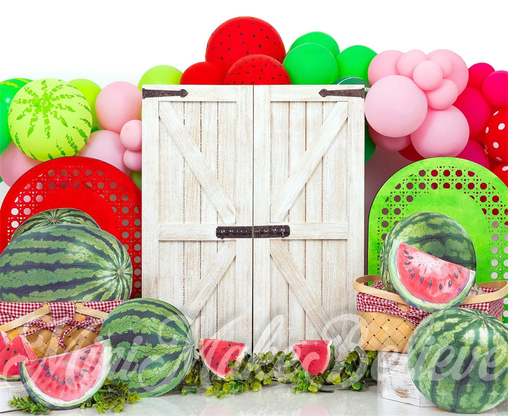 Kate Birthday Watermelon Colorful Balloon White Barn Door Backdrop Designed by Mini MakeBelieve