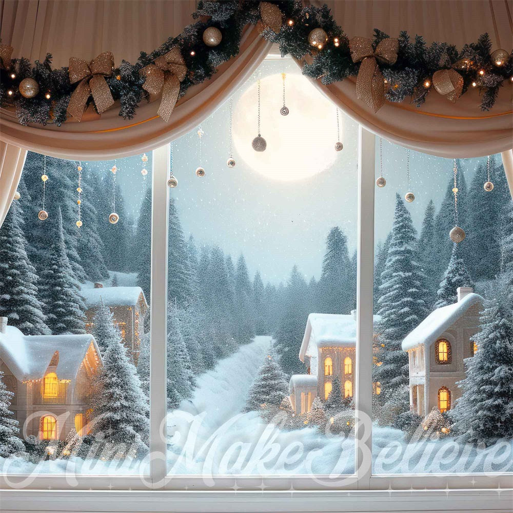 Notte di Natale Tendina Beige Cornice Finestra Sfondo Realizzato da Mini MakeBelieve