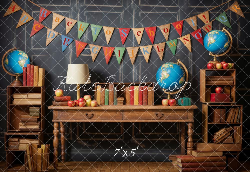 Kate Back to School Globe Books Black Retro Wall Backdrop Designed by Emetselch