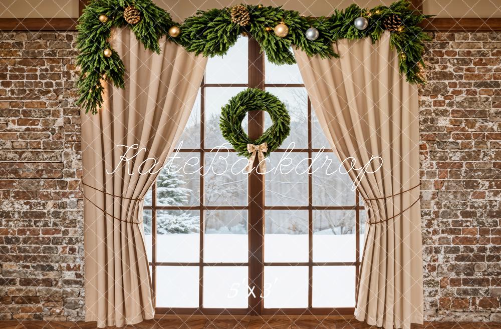 Kate Christmas Garland Window Brick Wall Backdrop Designed by Emetselch