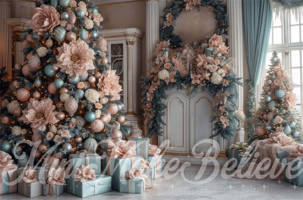 Kate Christmas Pink Flower Vintage White Arched Door Backdrop Designed by Mini MakeBelieve