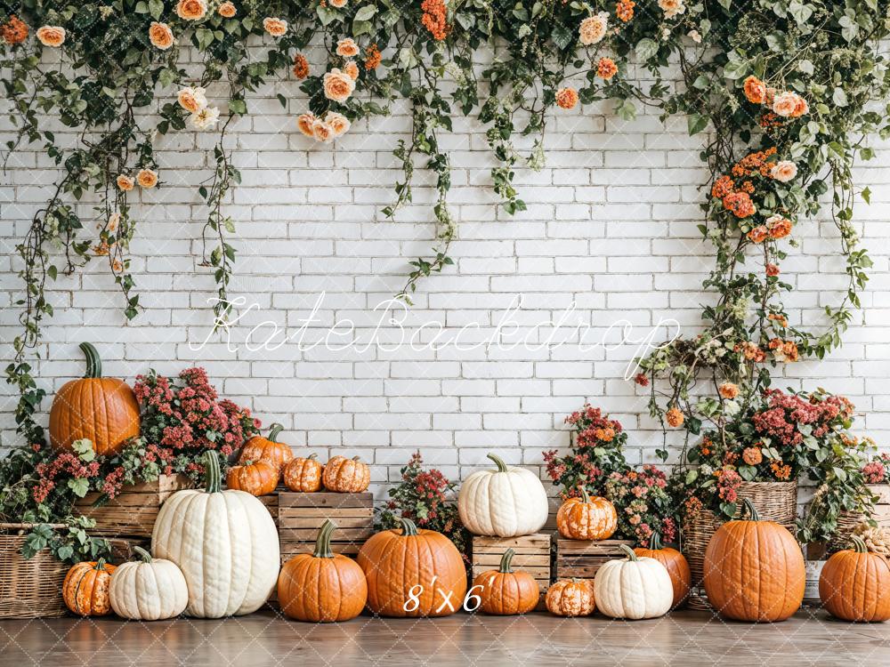 Kate Fall Pumpkins Floral Brick Wall Backdrop Designed by Emetselch