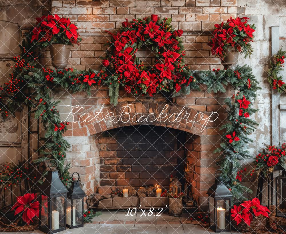 Kate Christmas Indoor Red Brick Fireplace Backdrop Designed by Emetselch