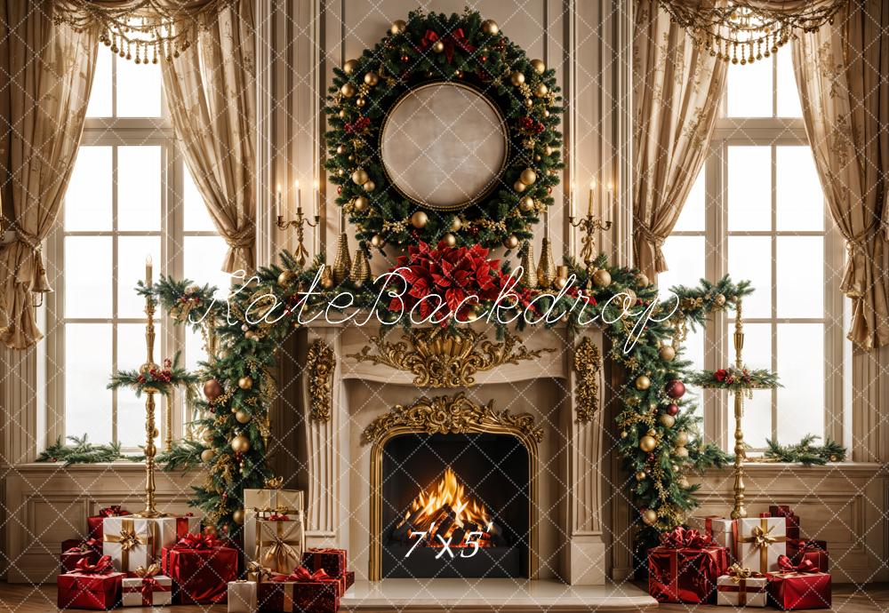 Kate Christmas Fireplace Retro Curtain Window Wreath Backdrop Designed by Emetselch