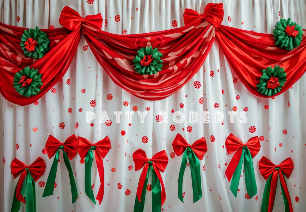 Kate Christmas Red Curtain With Green Hanging Ornaments Backdrop Designed by Patty Robert