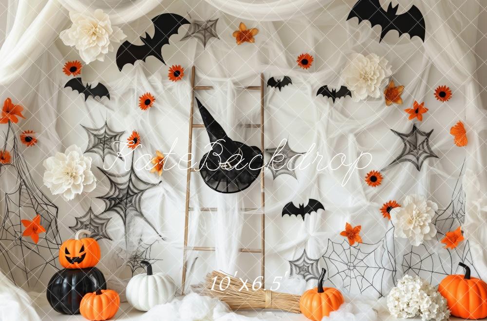 Kate Halloween Spider Webs With Bats Pumpkins Backdrop Designed by Patty Roberts