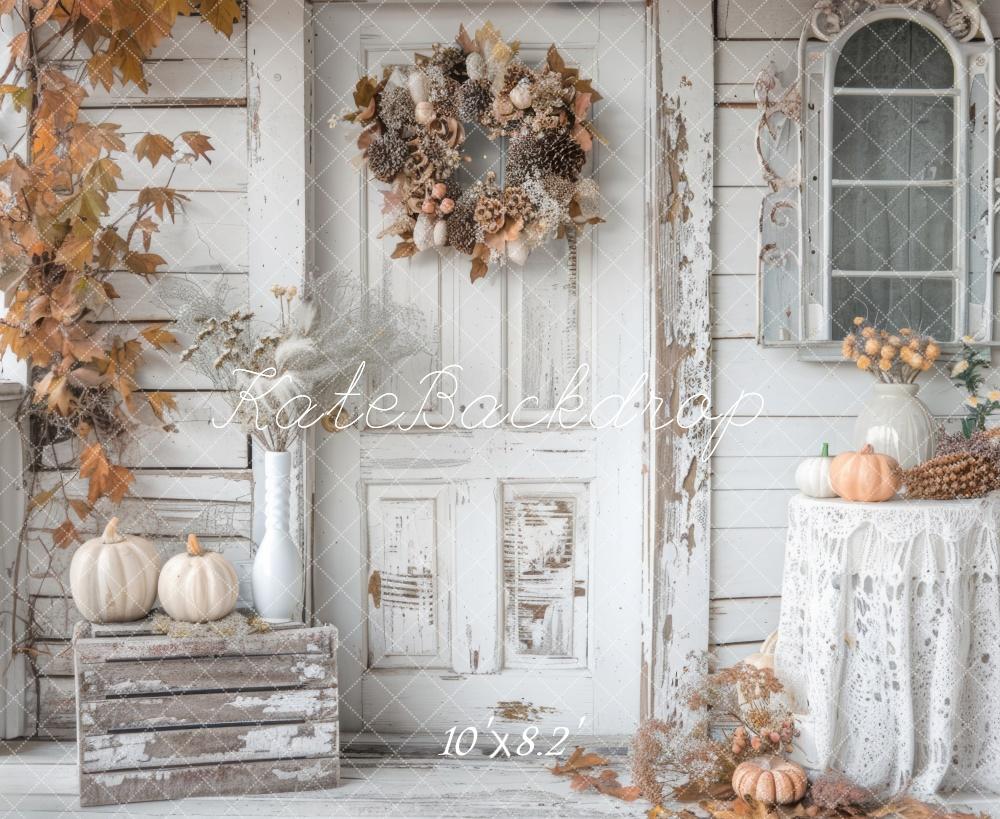 Kate Fall Shabby White Rustic Pumpkins Door Backdrop Designed by Mini MakeBelieve