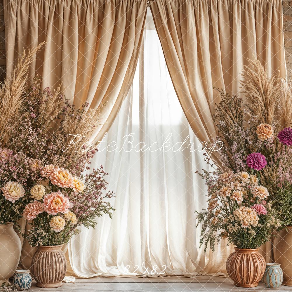 Kate Boho Floral Beige Curtain Vase Backdrop Designed by Emetselch