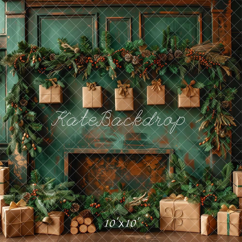 Kate Christmas Green Wall Brown Gifts Fireplace Backdrop Designed by Patty Robert