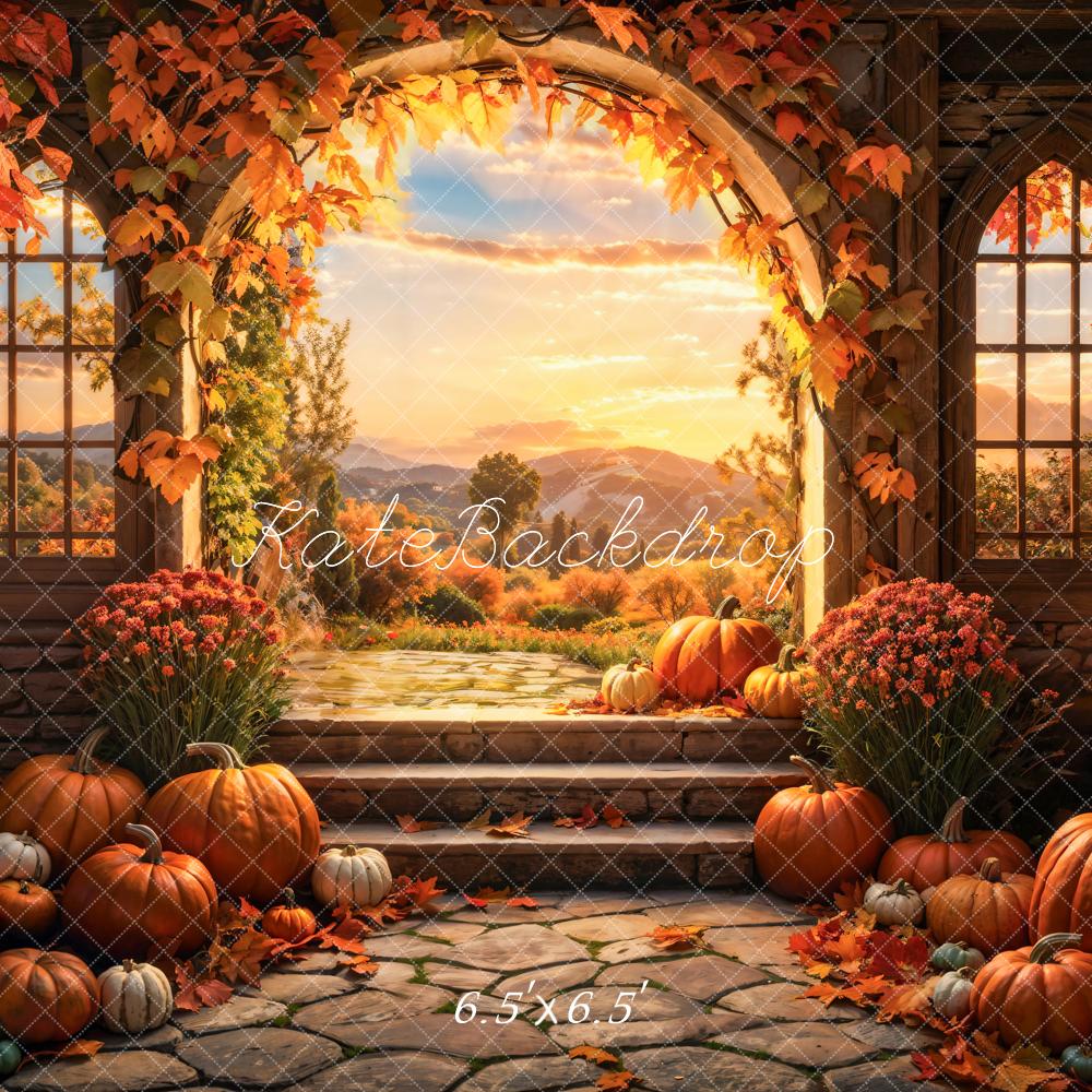 Arco de fondo de calabaza de otoño en el bosque al atardecer diseñado por Emetselch