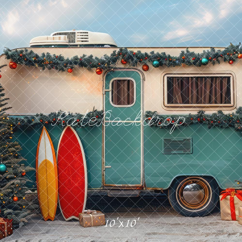 Kerst RV Camper Strand Foto Achtergrond Designed by Mini MakeBelieve