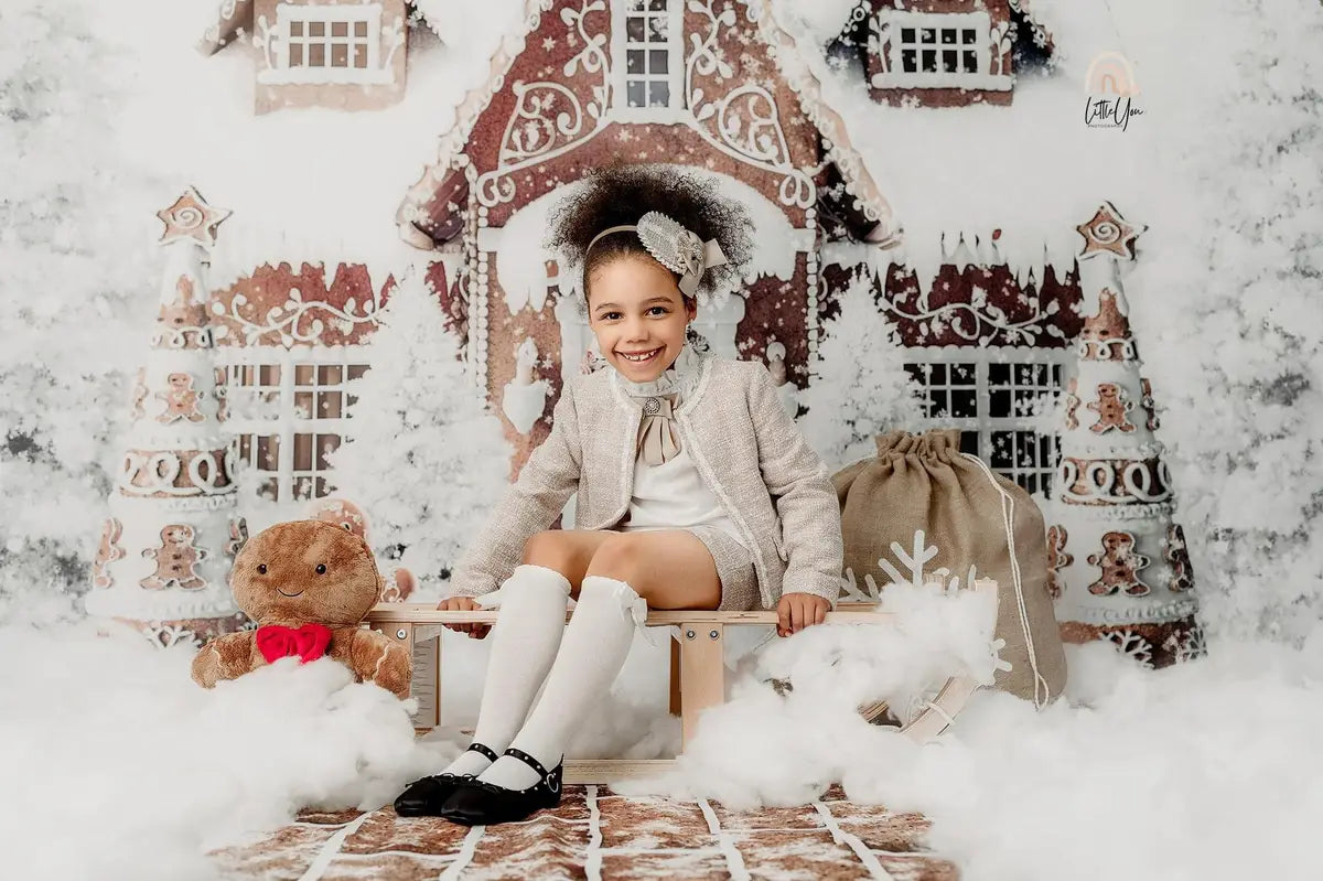 Kate Winter Christmas Gingerbread House Baking Cookies Backdrop Designed by Ashley Paul