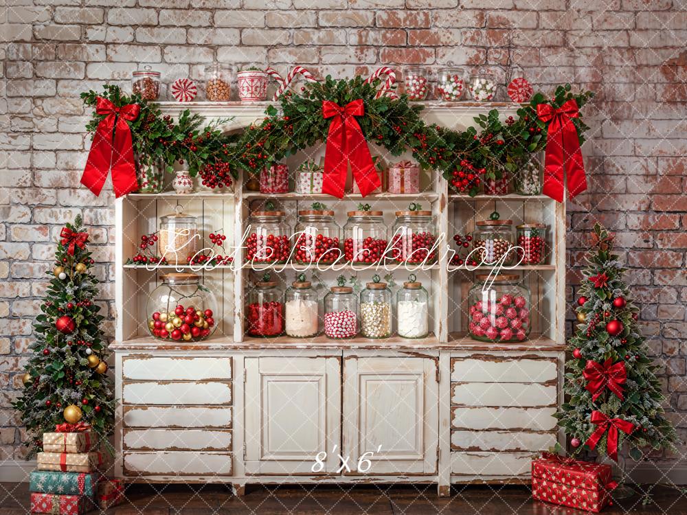 Kate Christmas Kitchen White Cabinets Candy Brick Wall Backdrop Designed by Emetselch