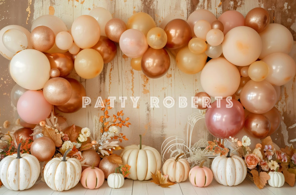 Kate Cake Smash Boho Fall Balloon Arch Pumpkins Backdrop Designed by Patty Robert