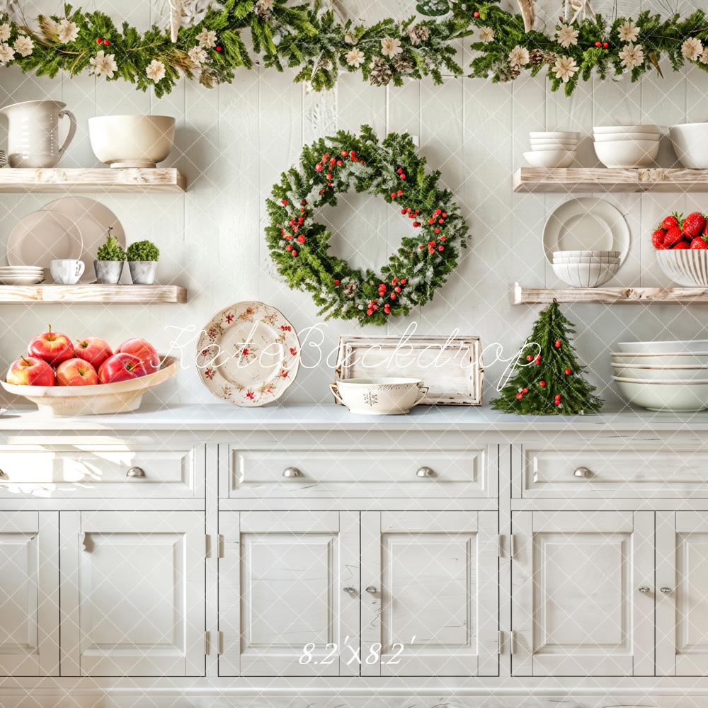 Kate Christmas Kitchen White Cabinets Cutlery Fruits Backdrop Designed by Emetselch