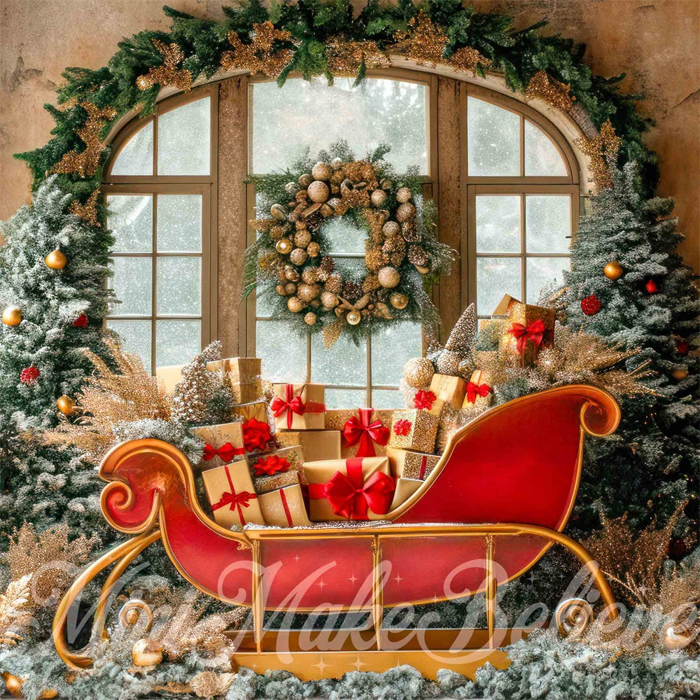 Kate Christmas Indoor Nutcracker Red Sleigh Arched Window Backdrop Designed by Mini MakeBelieve