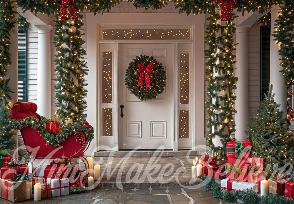 Kate Christmas Sleigh White Retro House Backdrop Designed by Mini MakeBelieve