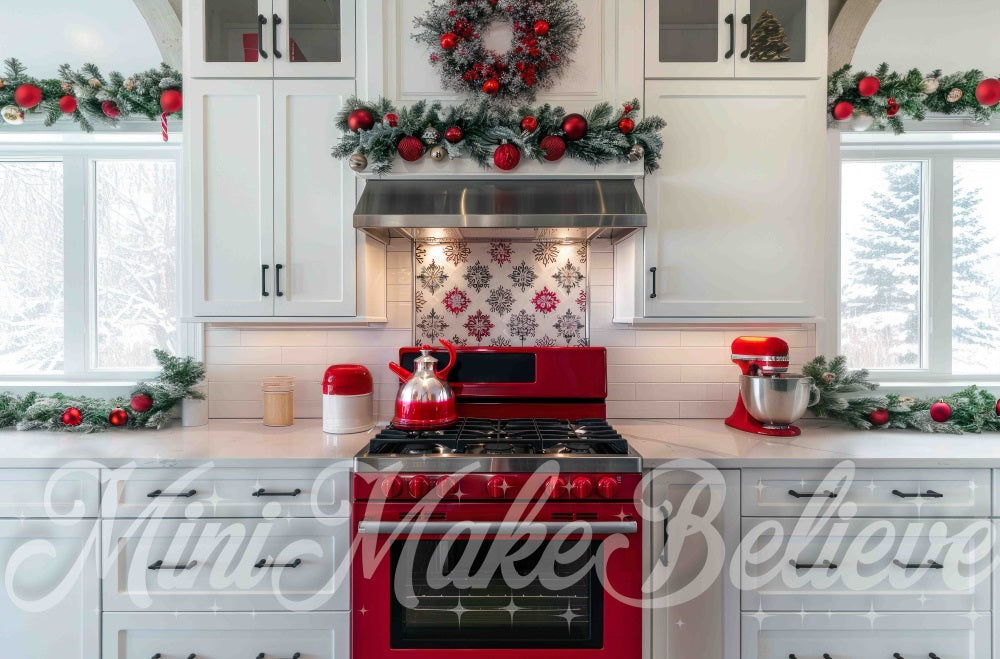 Cocina Moderna Blanca de Navidad con Fondo de Horno Rojo Diseñado por Mini MakeBelieve