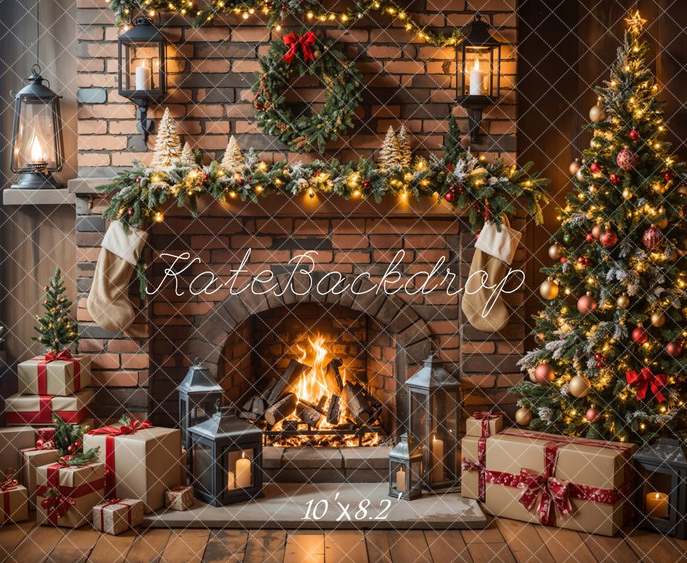 Kate Christmas Fireplace Tree Brick Wall Backdrop Designed by Emetselch