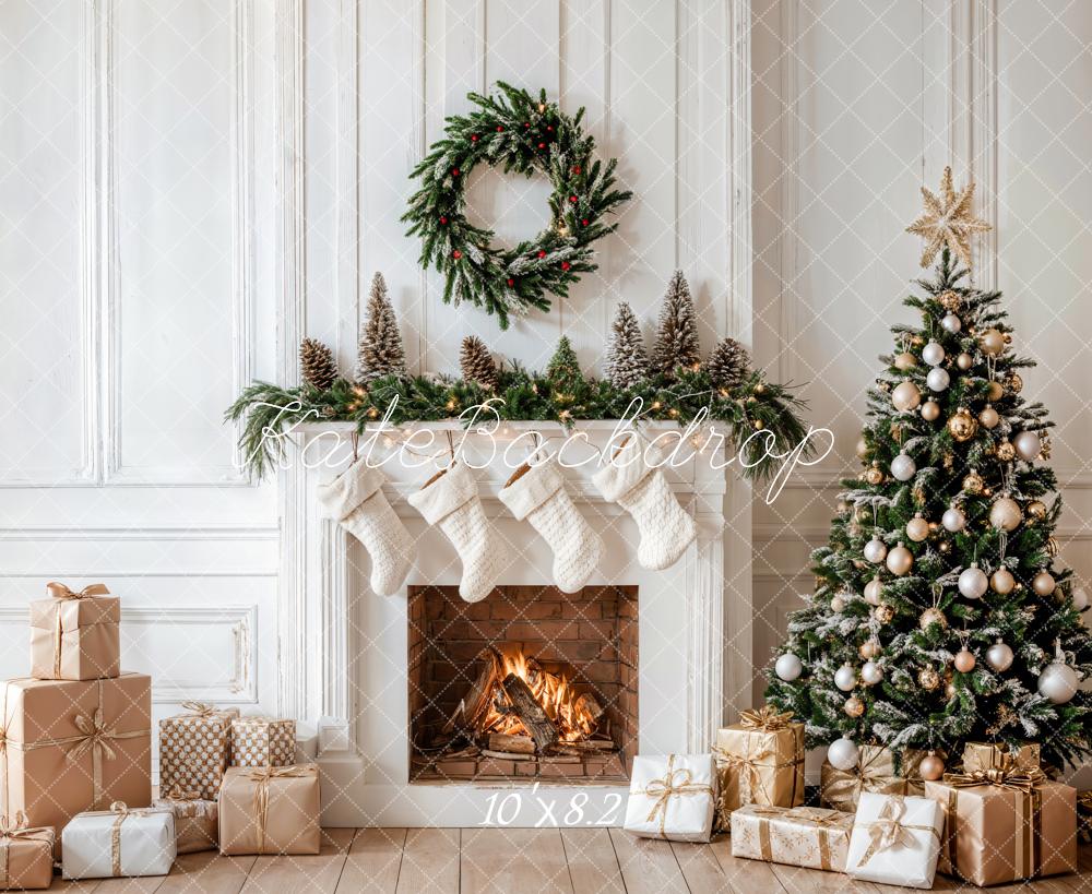 Christmas White Fireplace With Gifts Tree Wreath Backdrop Designed by Emetselch