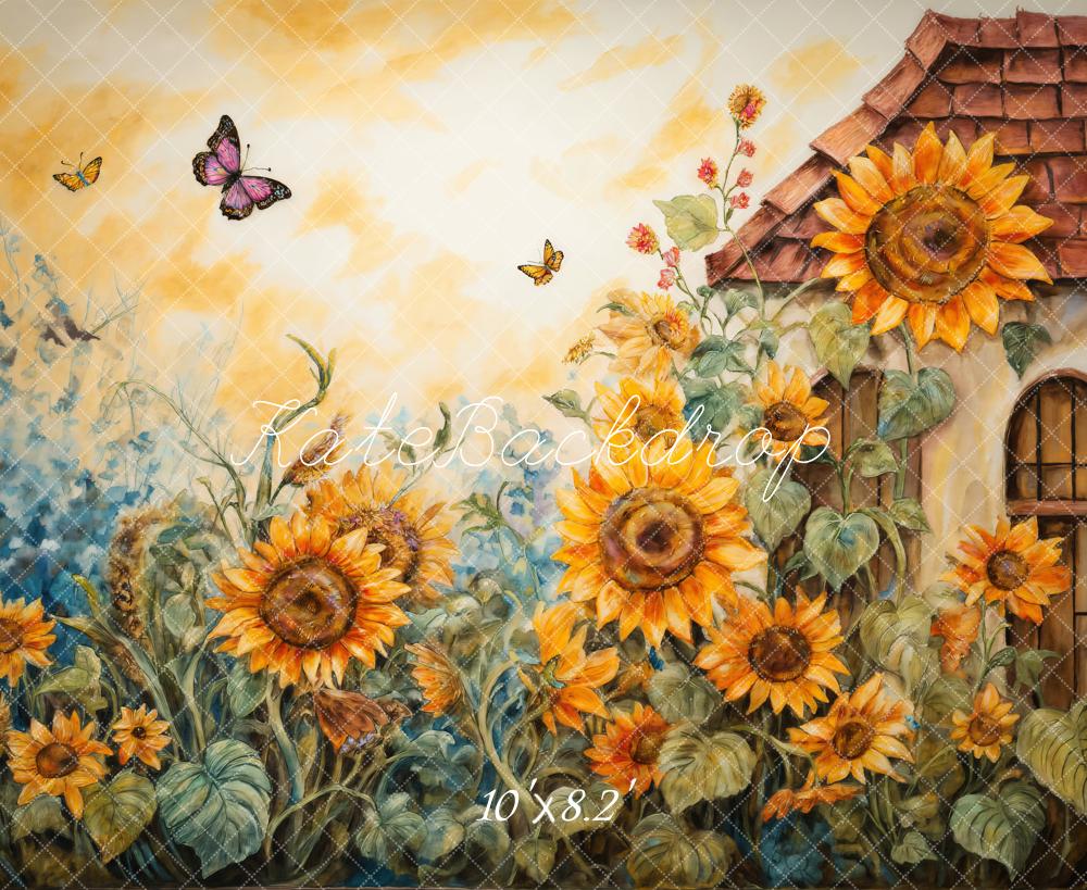 Fantasy Cartoon Watercolor Sunflower Garden House Backdrop Designed by GQ