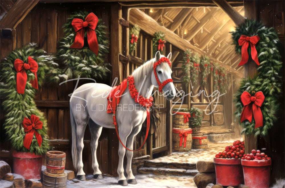 Kate Christmas Wreath Barn White Horse Backdrop Designed by Lidia Redekopp