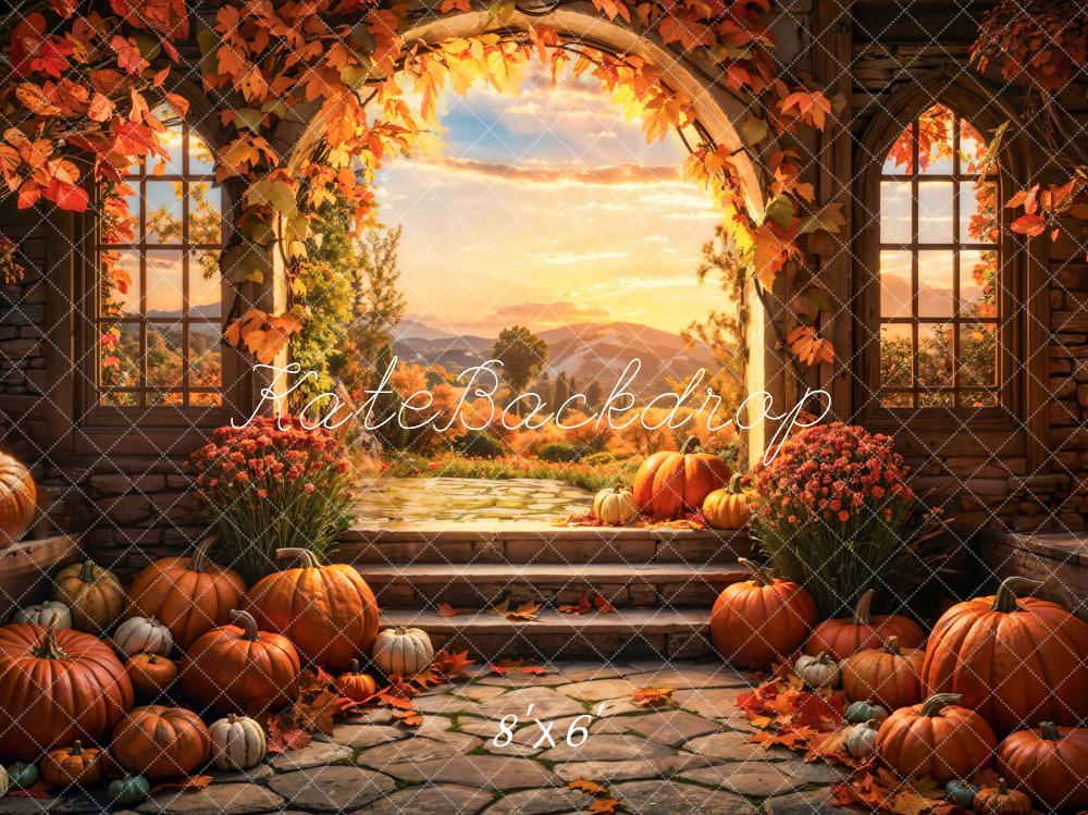 Arco de fondo de calabaza de otoño en el bosque al atardecer diseñado por Emetselch