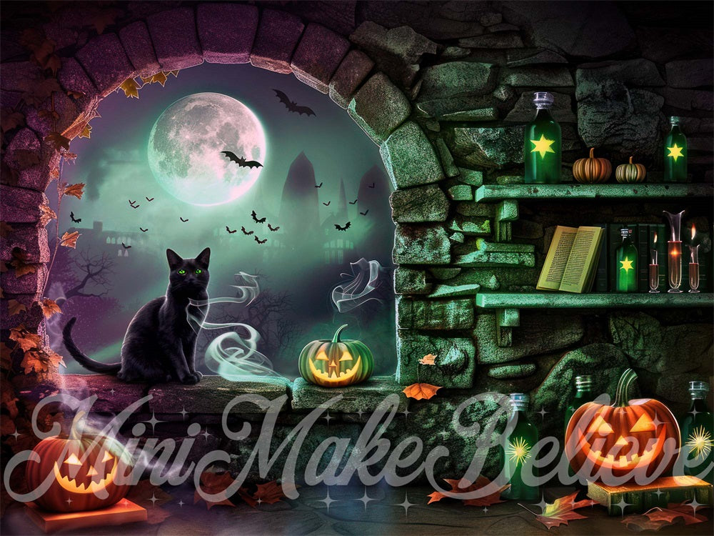 Halloween Donkerstenen Boogvenster Heksenkamerachtergrond Ontworpen door Mini MakeBelieve