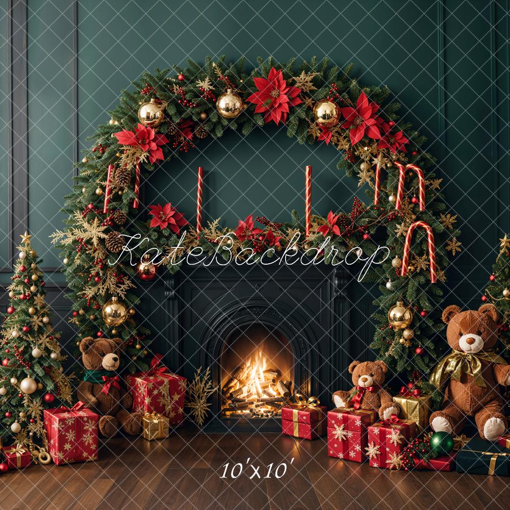 Kerstboom Open Haard Krans Teddybeer Foto Achtergrond Designed by Emetselch