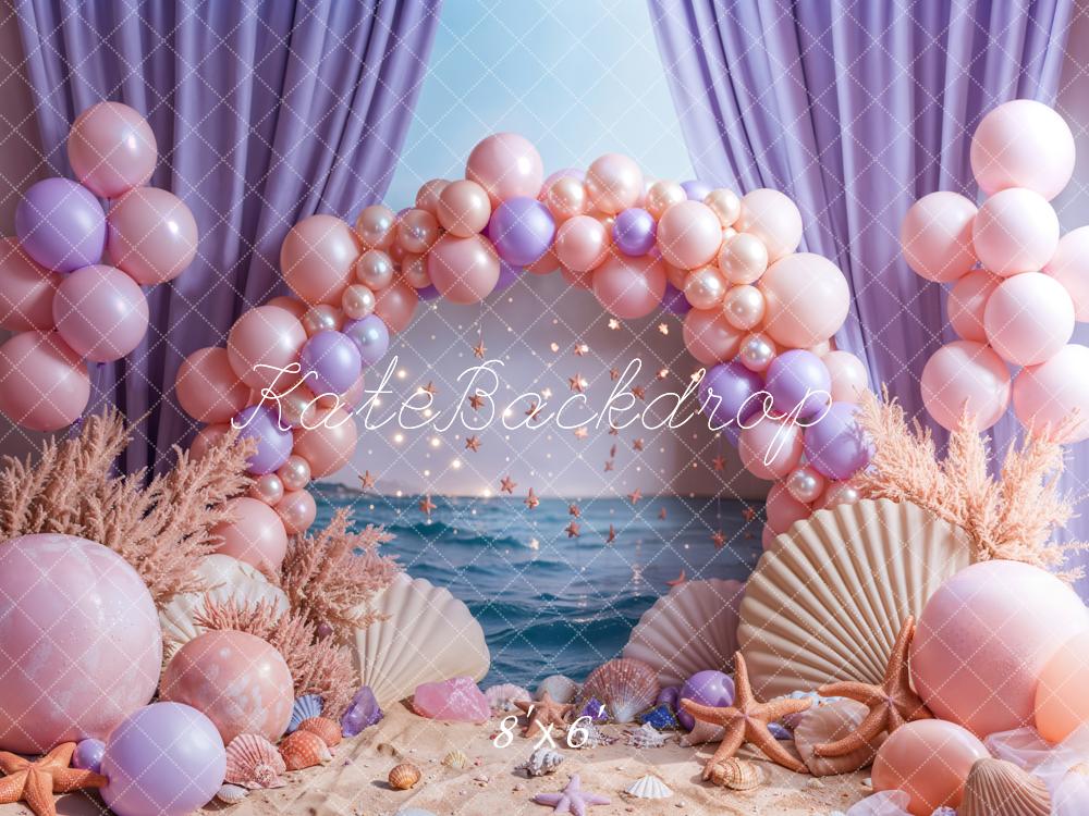 Kate Beach Pink Balloon Arch Purple Curtains Backdrop Designed by Emetselch