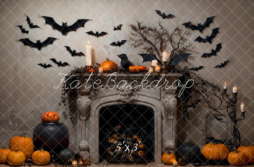 Kate Halloween Bat Gray Retro Fireplace Backdrop Designed by Emetselch