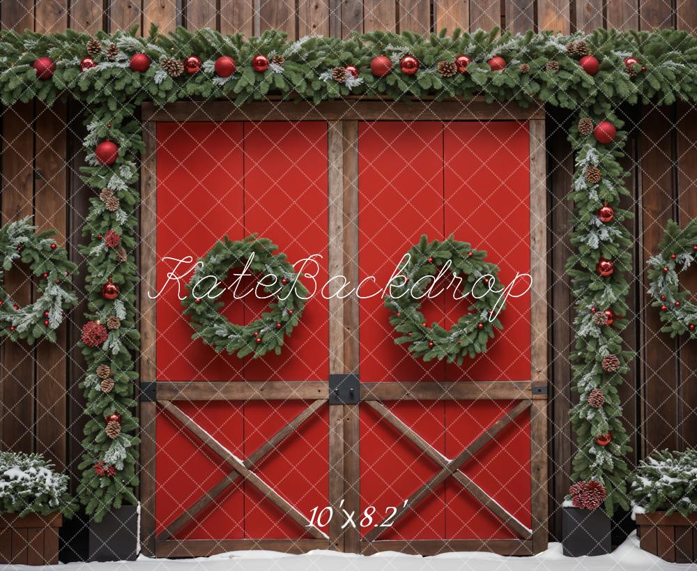 Kate Christmas Green Wreath Red Barn Door Backdrop Designed by Emetselch