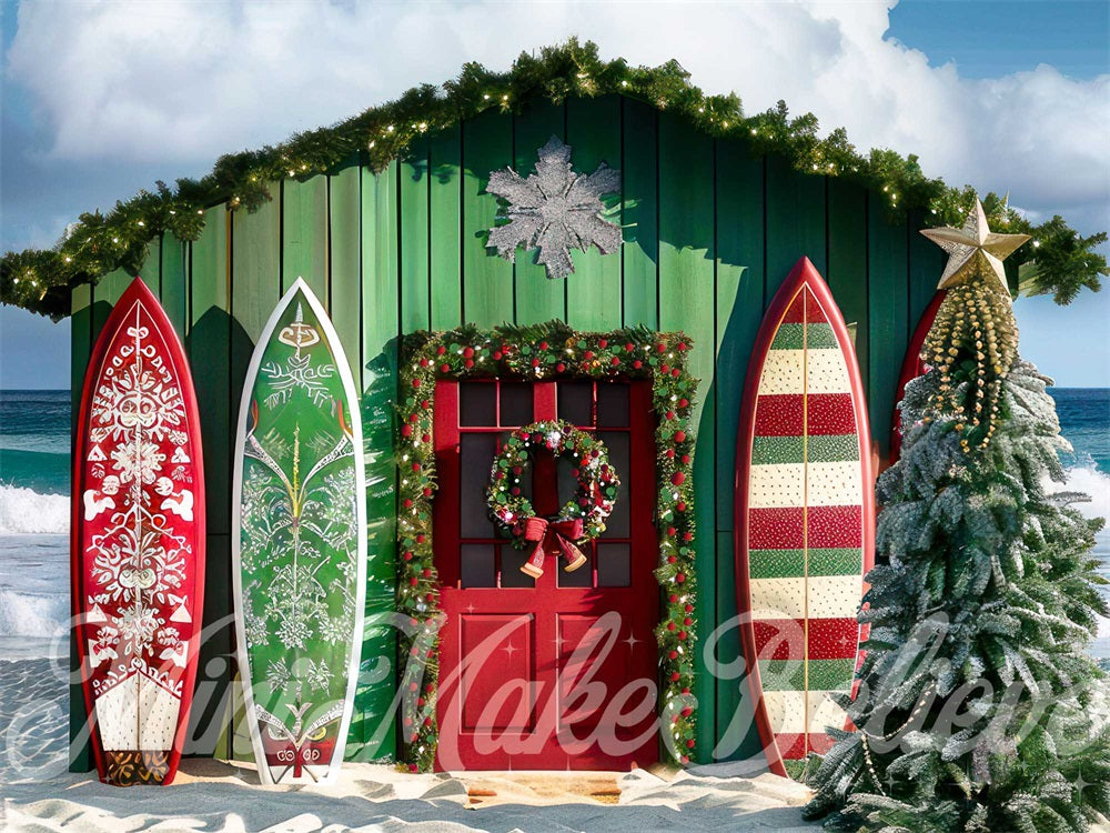 Kerstboom Zee Strand Surfplank Winkel Foto Achtergrond
