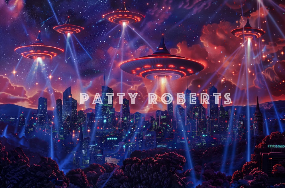 Fondo de Invasión de UFO de Estrellas Púrpuras Oscuras de la Ciudad Diseñado por Patty Robert