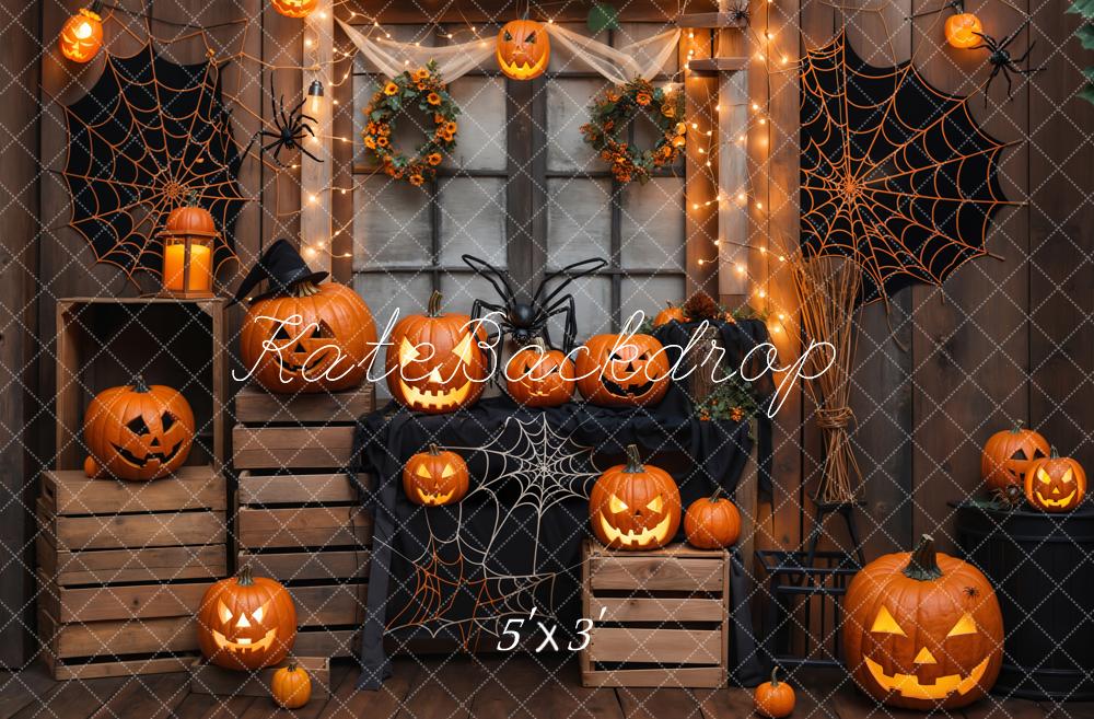 Halloween Houten Muur Pompoen Spinnenweb Foto Achtergrond Designed by Emetselch