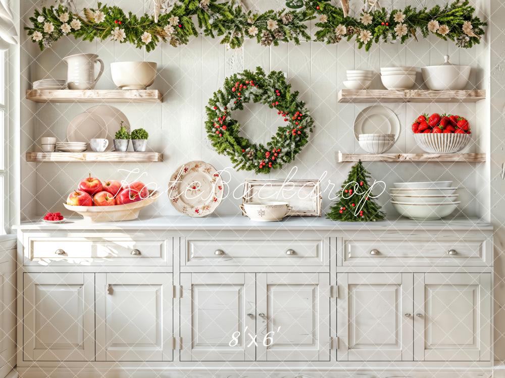 Kate Christmas Kitchen White Cabinets Cutlery Fruits Backdrop Designed by Emetselch