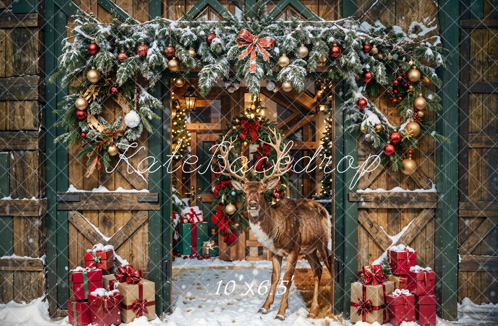 Kate Christmas Elk Brown Wooden Barn Backdrop Designed by Emetselch