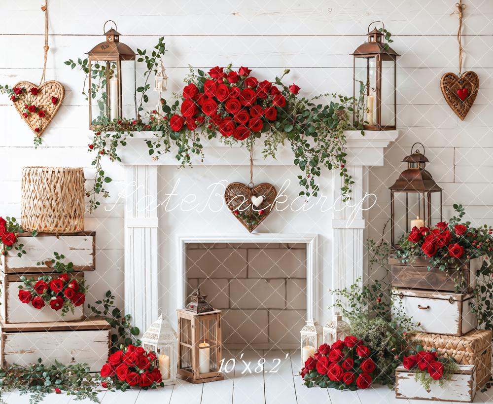 Kate Valentine Roses Fireplace Lantern Rustic Backdrop Designed by Emetselch