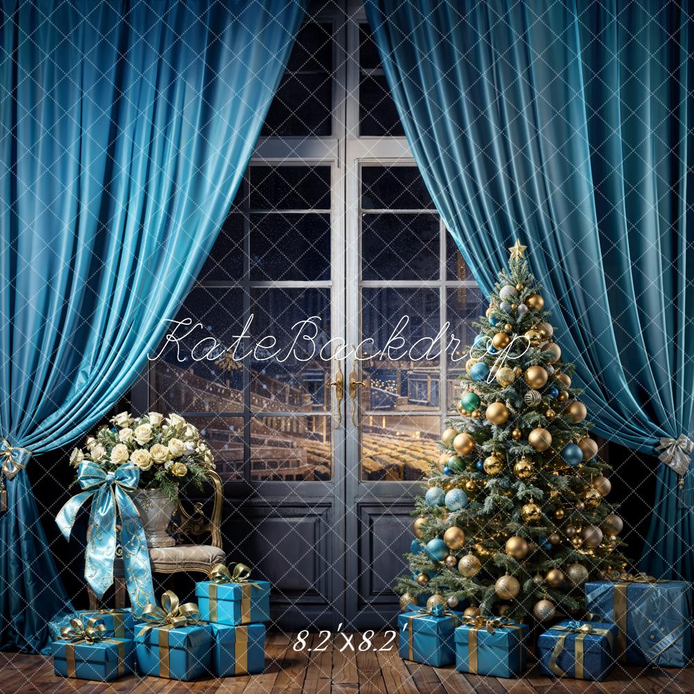 Kate Christmas Tree Sky Blue Curtains Gift Box Backdrop Designed by Emetselch