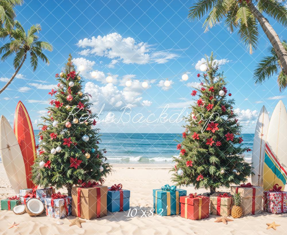 Árbol de Navidad en la Playa con Fondo de Tabla de Surf Diseñado por Emetselch