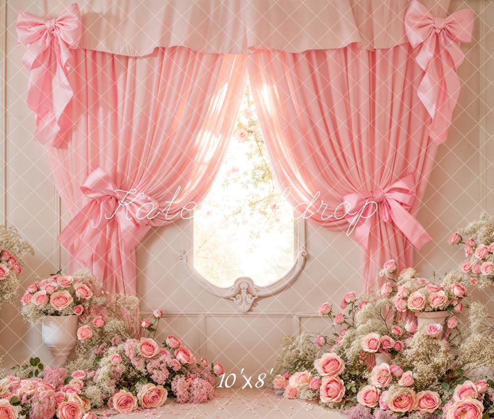 Kate Cake Smash Pink Floral Curtain Bow Backdrop Designed by Emetselch