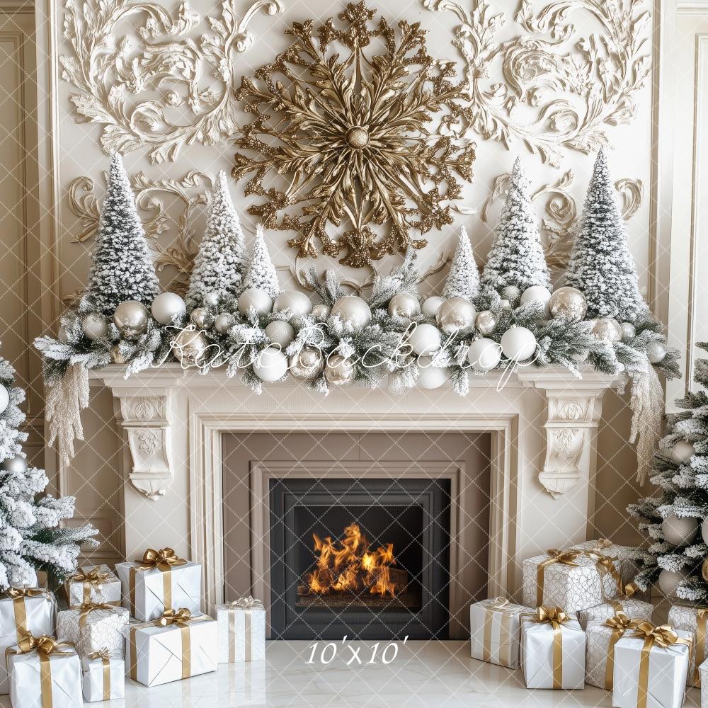 Kate Christmas Tree Elegant Snowy Fireplace Backdrop Designed by Patty Roberts